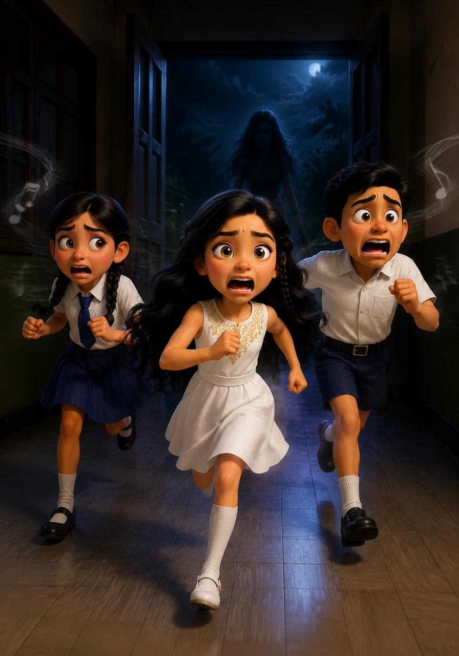 A faint, terrifying whisper echoes through the empty room once more, sending the entire group into a frenzied dash for the exit. They bolt down the hallway in a blur of motion, screaming and singing nonsense songs as they flee into the night.