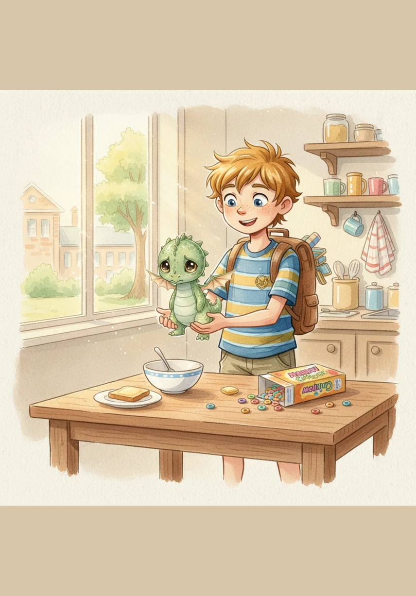 It was a bright Monday morning in a cozy, sunlit kitchen. Leo carefully packed his favorite blue lunchbox with a cheese sandwich, a crisp red apple, and three delicious chocolate biscuits.