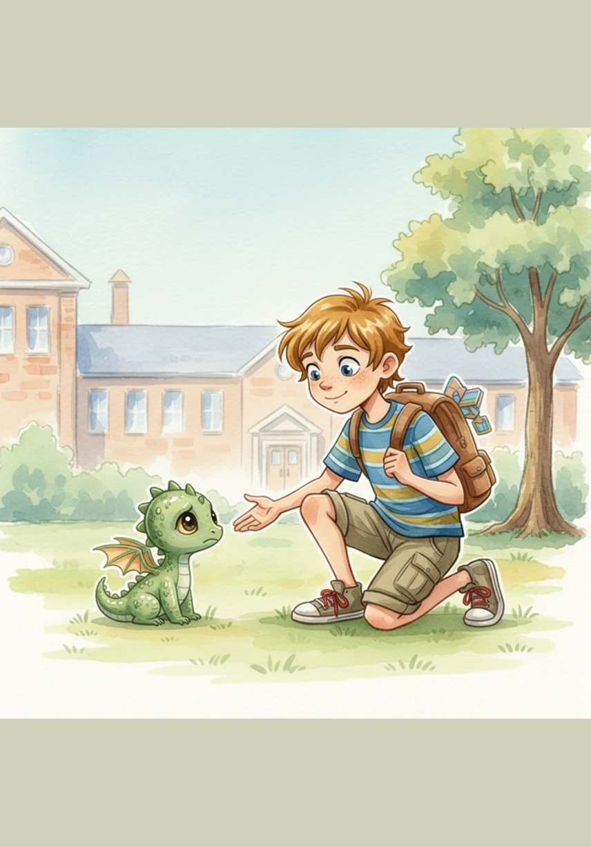 A tiny dragon, no bigger than Leo's shoe, blinked up at him with enormous golden eyes. The creature had shimmering green scales and two little orange wings that looked as delicate as wet paper.