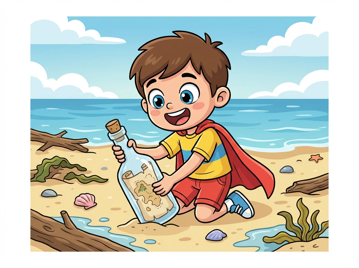 Um dia, após uma forte tempestade, Leo encontrou uma garrafa com um mapa dentro. O mapa mostrava uma ilha desconhecida!