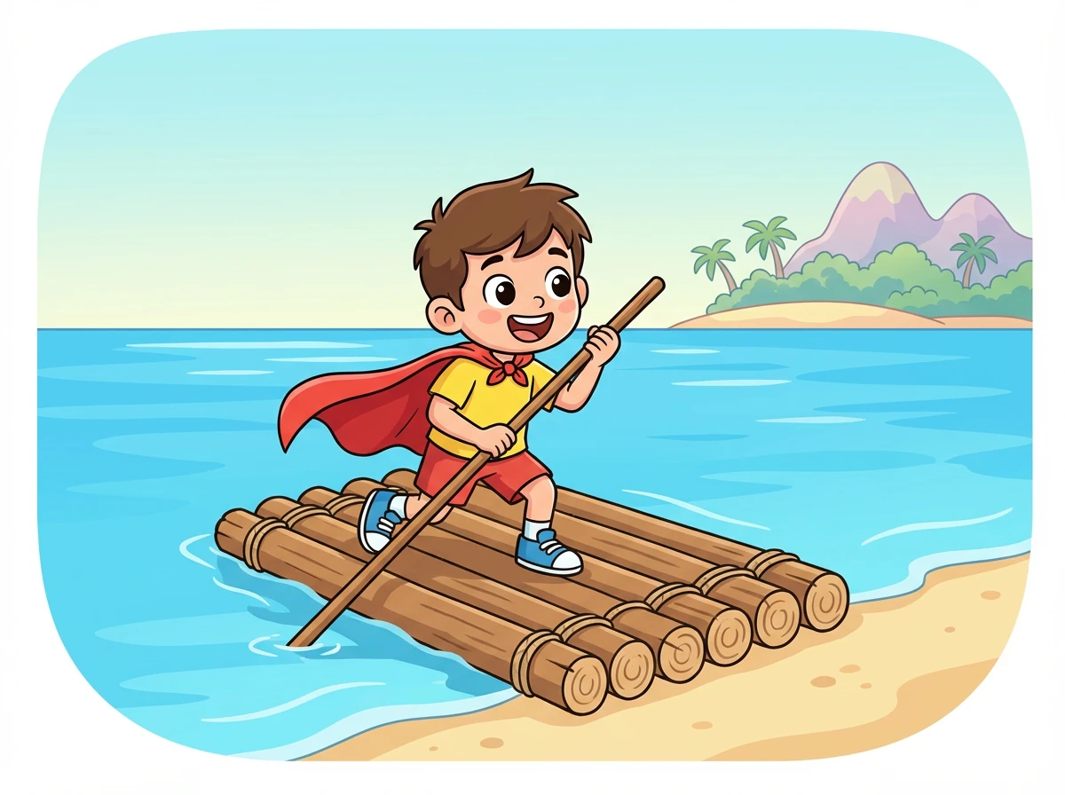 Animado com a descoberta, Leo construiu uma jangada com pedaços de madeira e partiu em busca da ilha misteriosa.