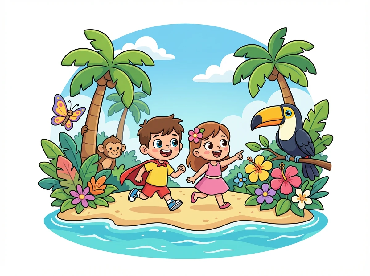 Finalmente, Leo e Aurora chegaram à ilha. Era um lugar exuberante, cheio de árvores altas, flores coloridas e animais exóticos.