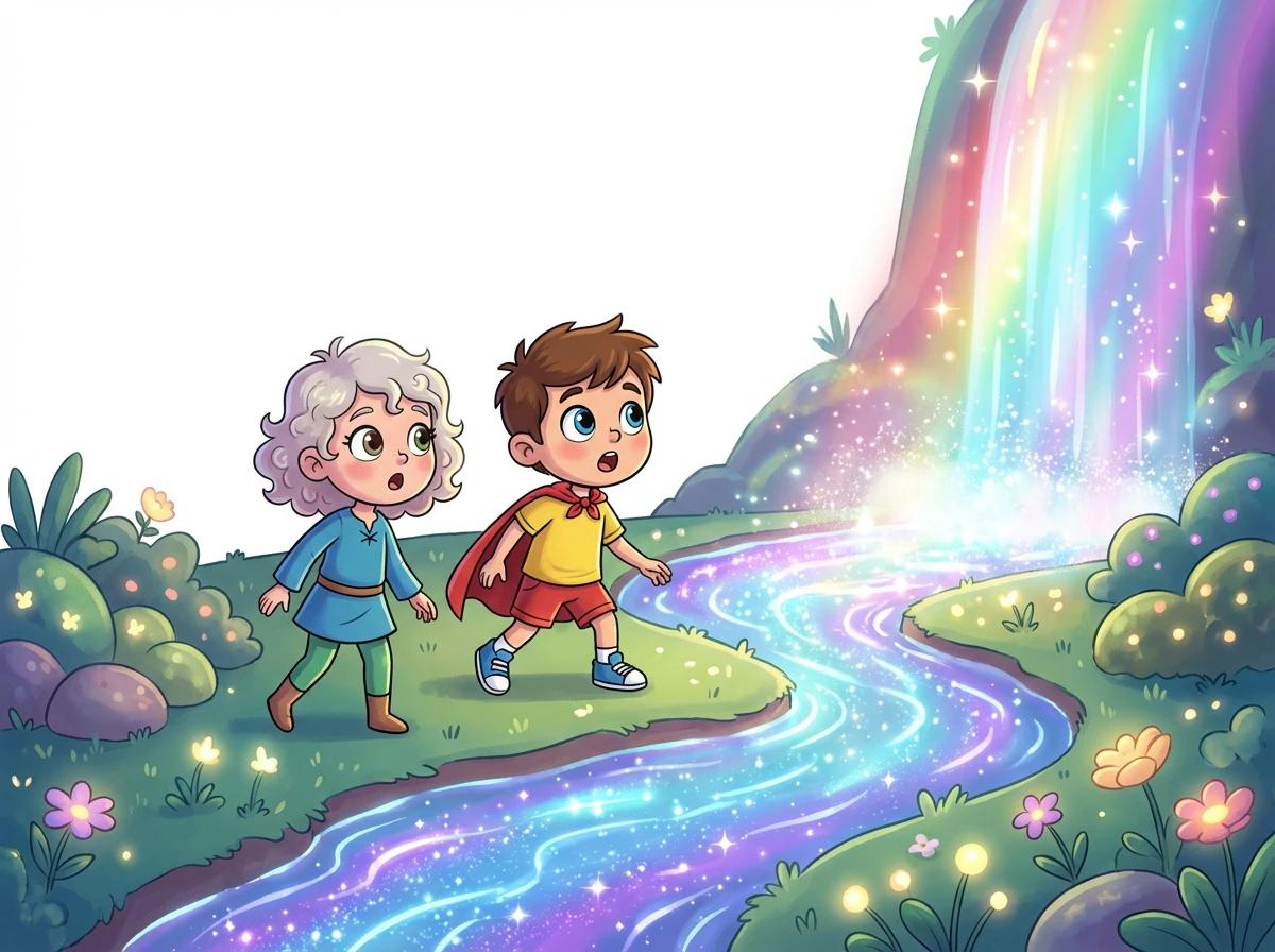 Enquanto exploravam a ilha, Leo e Aurora encontraram um rio brilhante que os levou a uma cachoeira mágica.