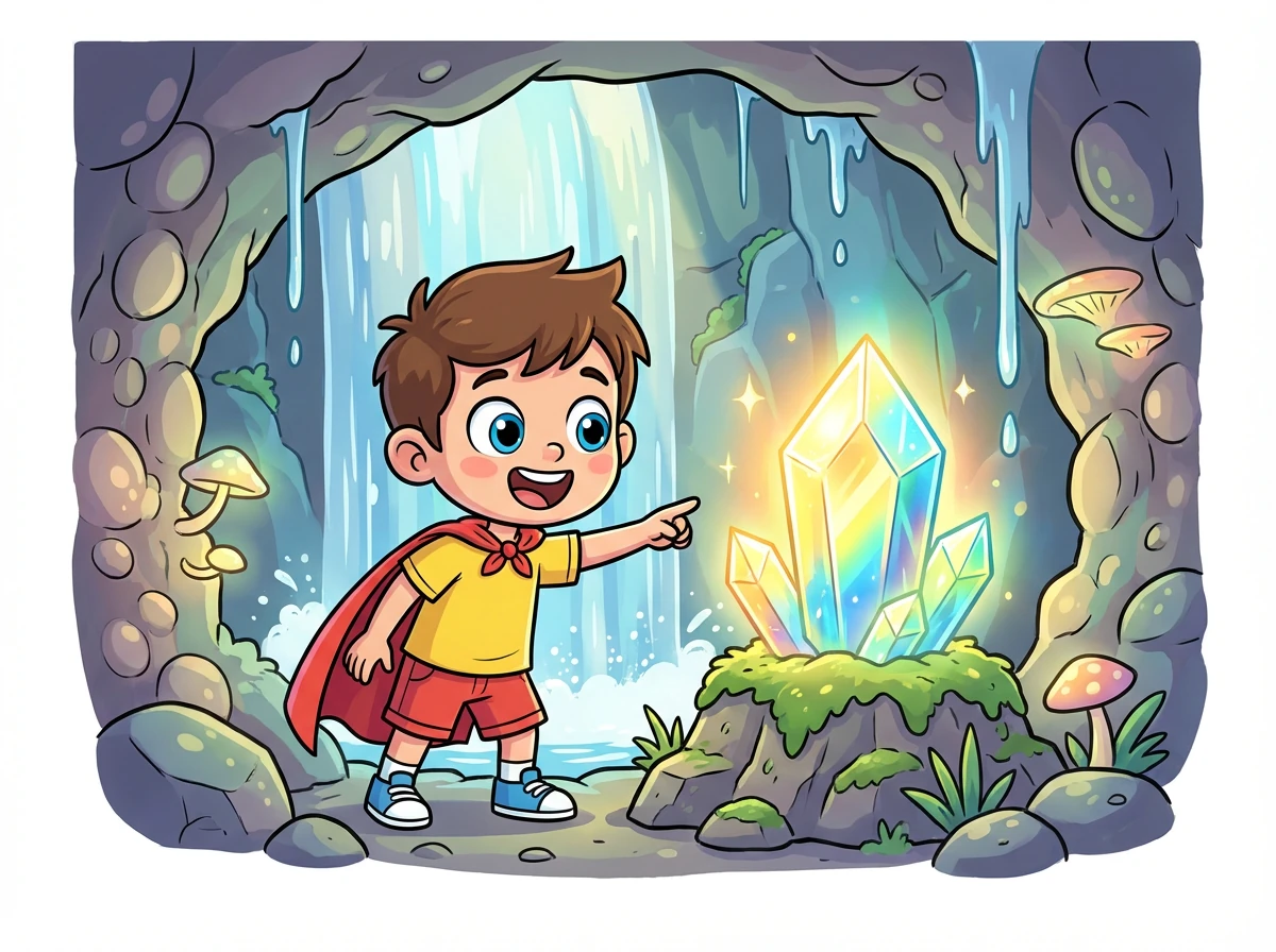 Atrás da cachoeira, eles descobriram uma caverna secreta com um tesouro cintilante: um cristal que brilhava intensamente.