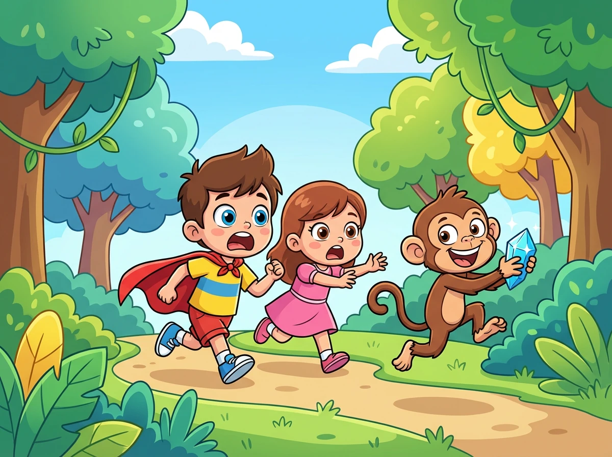 De repente, um macaco travesso roubou o cristal! Leo e Aurora tiveram que correr atrás dele pela floresta.