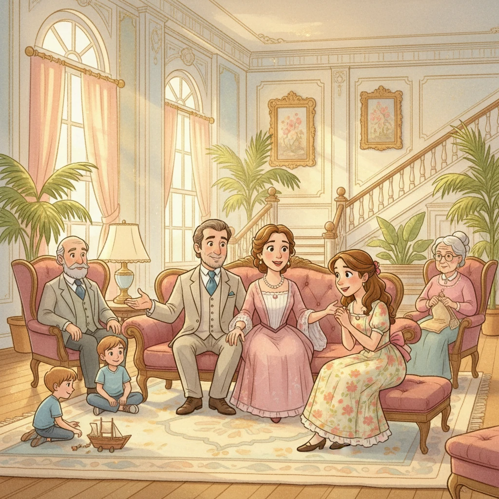 In a grand, sunlit Louisiana home, Mr. and Mrs. John Rouge sat surrounded by their family. The room glowed with soft watercolor hues and touches of gold. Eleanor Rouge, a bright young woman, listened intently as her parents spoke about the importance of preparing for the future.