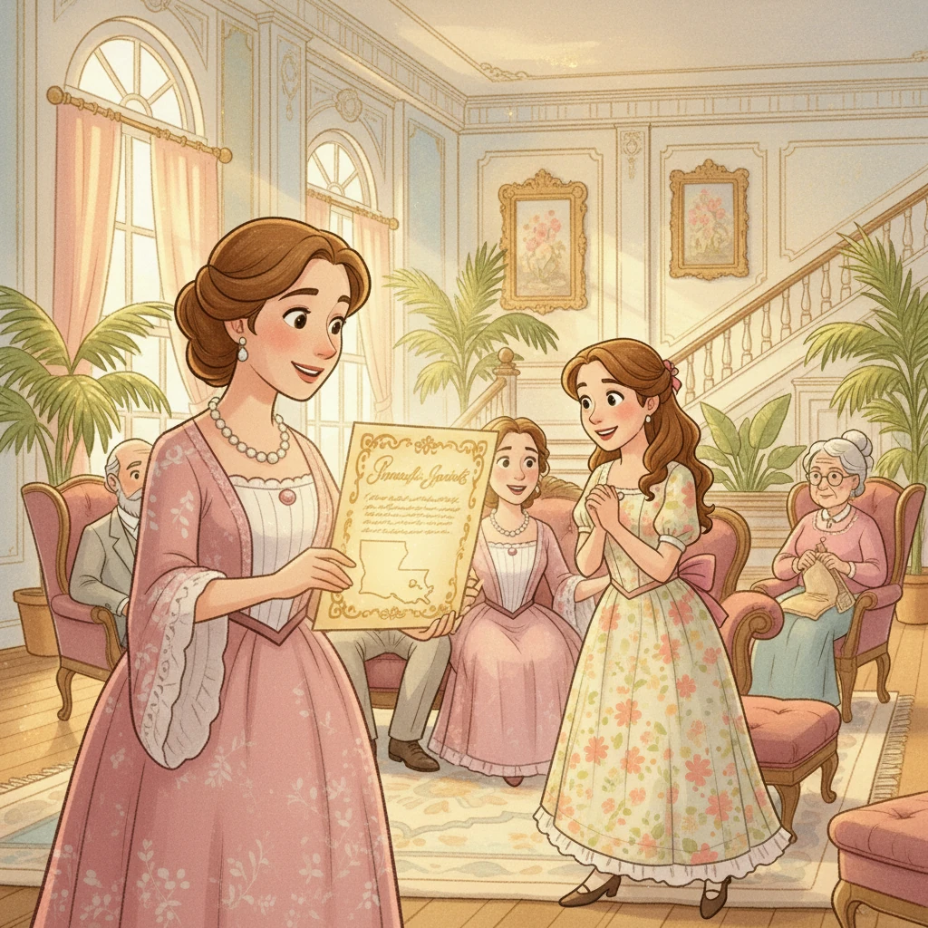 Mrs. Rouge showed Eleanor a beautifully crafted document, its words written in glowing gold calligraphy. It was a will, carefully prepared and notarized, ensuring that their wishes would be honored. The Louisiana state outline subtly adorned the corner.