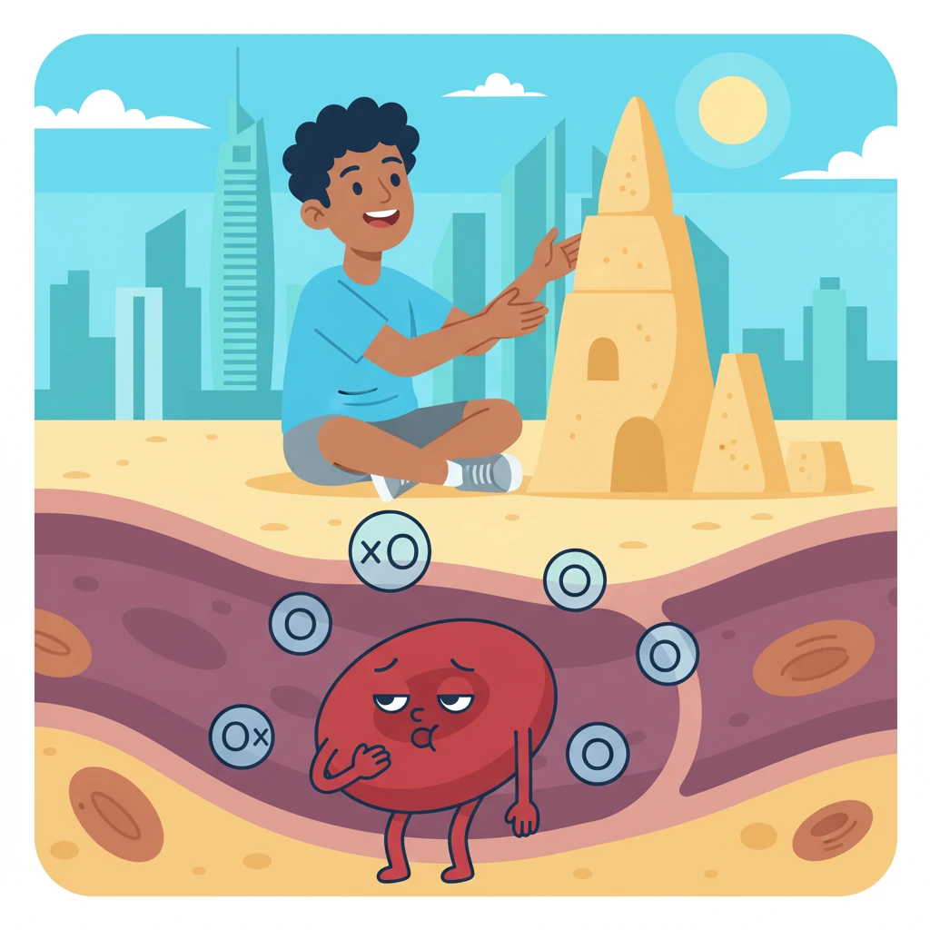 Meet Ruby, a cheerful red blood cell, feeling a little tired in Khalid's big toe. Khalid is a happy boy in Dubai, dreaming of building a magnificent sandcastle. Ruby knows she needs to pick up some fresh oxygen to help him play!