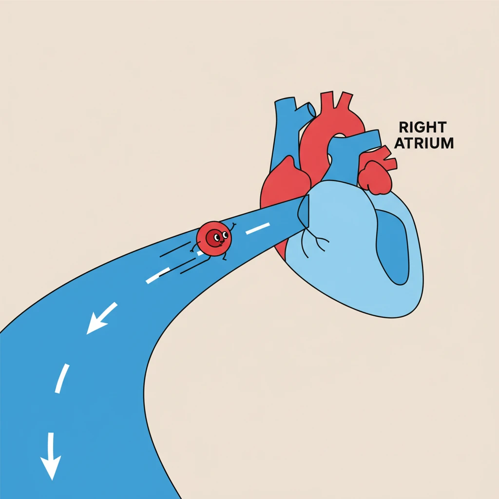 Ruby begins her long journey, flowing through a large blue highway called the Vena Cava. This important vein carries all the tired, oxygen-poor blood back towards Khalid's heart. Soon, Ruby arrives at the heart's first welcoming room, the Right Atrium.