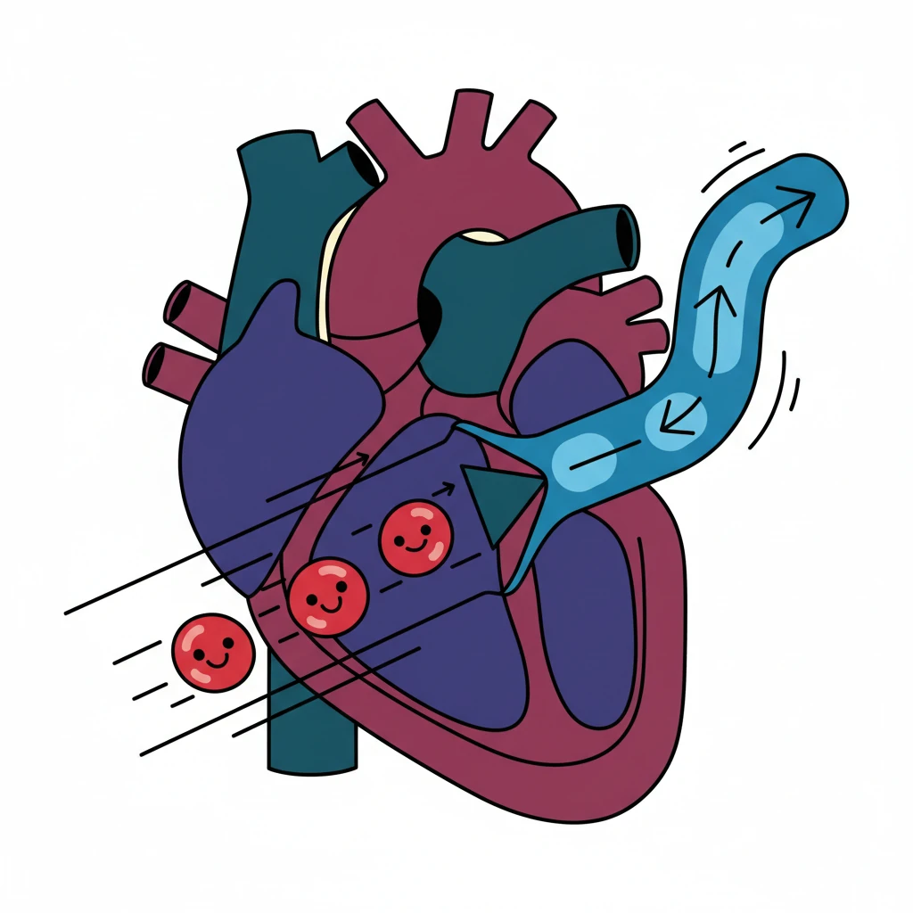 From the Right Atrium, Ruby gently pushes into the next chamber, the Right Ventricle. With a strong pump, the Right Ventricle propels Ruby and her friends into a new vessel: the Pulmonary Artery. This artery is special because it carries blood away from the heart, but it's still looking for oxygen!