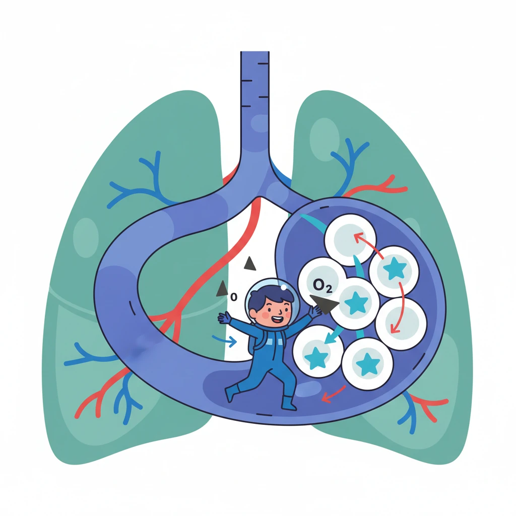 The Pulmonary Artery quickly leads Ruby to Khalid's amazing lungs, an oxygen oasis! Here, Ruby meets tiny air sacs where she drops off carbon dioxide, a waste gas, and eagerly picks up fresh, vital oxygen. She feels a burst of energy!