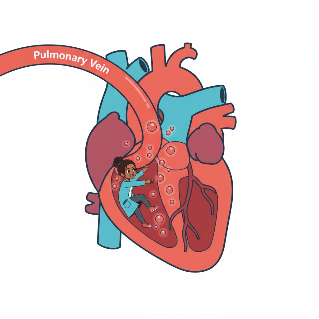 Now full of oxygen, Ruby travels back to the heart through the Pulmonary Vein, a bright red highway. She enters the heart's other welcoming room, the Left Atrium. This side of the heart is ready to send her fresh oxygen to every part of Khalid's body.
