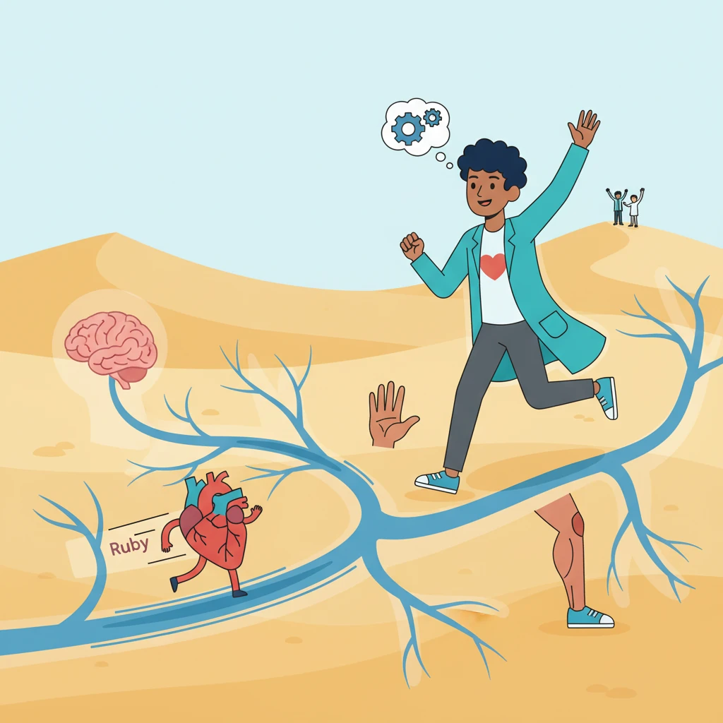 Zooming through the Aorta, Ruby branches off into smaller arteries, carrying oxygen to Khalid's brain, muscles, and even his fingertips! She helps him think clearly, run fast, and wave to his friends near the beautiful desert dunes of the UAE.