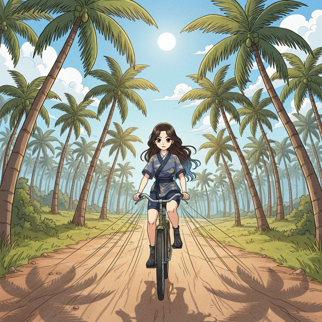 One bright morning, Rashmika pedals her bicycle past towering coconut trees in Kanniyakumari, her expression puzzled. The long, thin shadows stretch across her path, a curious mystery she ponders on her way to school. The scene is vibrant with fresh lines and bright colors, capturing the morning light.