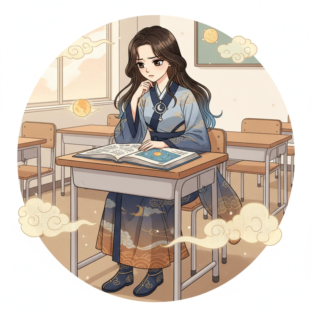 In her classroom, Rashmika sits with a thoughtful frown, recalling her science book. She wonders why the Sun appears to move when the book says it's the Earth that travels. The illustration captures her pensive moment, with soft lines and elegant colors hinting at the ancient wisdom of the skies.