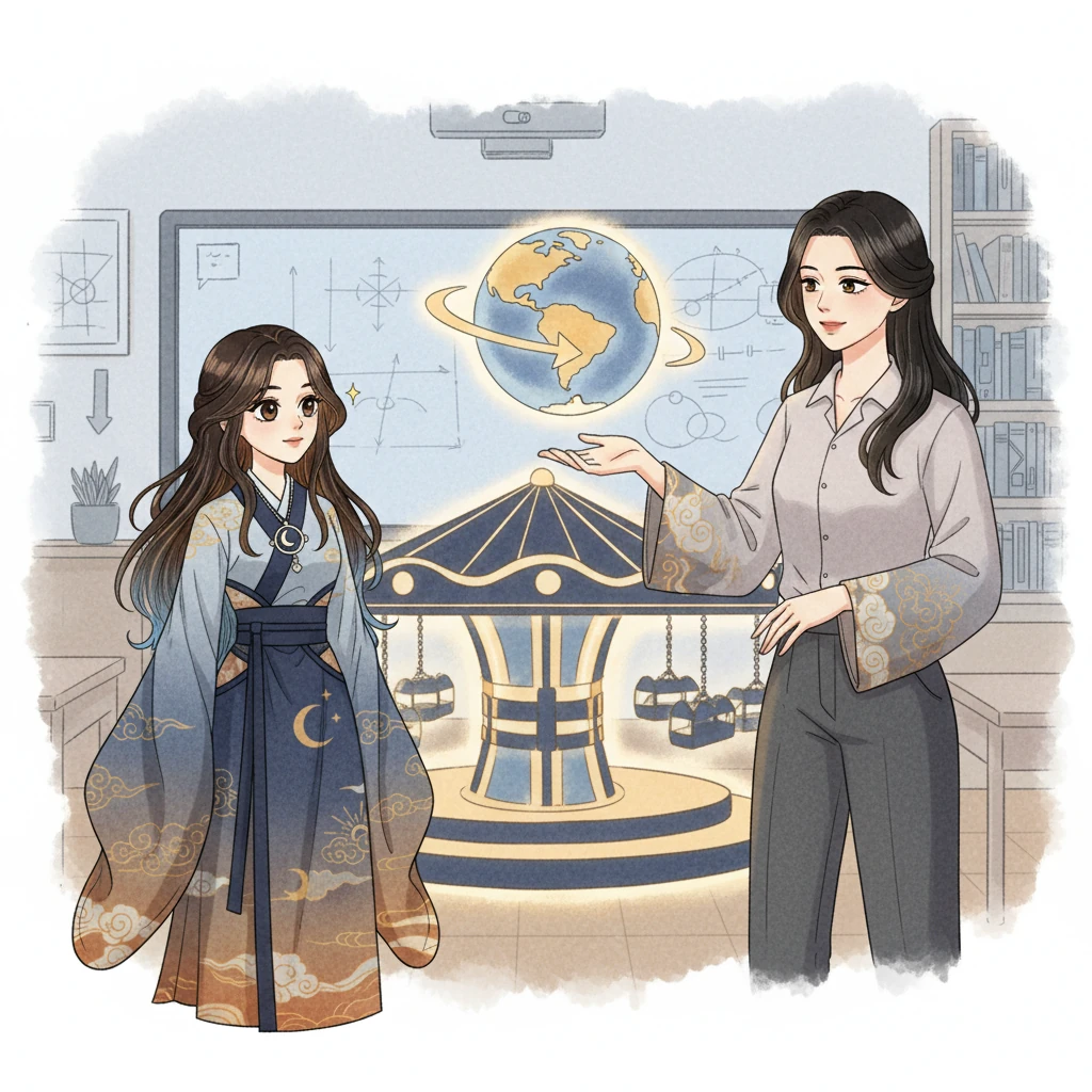 Her teacher, with a warm smile, uses a merry-go-round analogy to explain the Earth's rotation. Rashmika listens intently, a spark of understanding beginning to ignite in her eyes. The scene focuses on the teacher's engaging gesture and Rashmika's attentive face, blending modern classroom elements with subtle ink wash backgrounds.