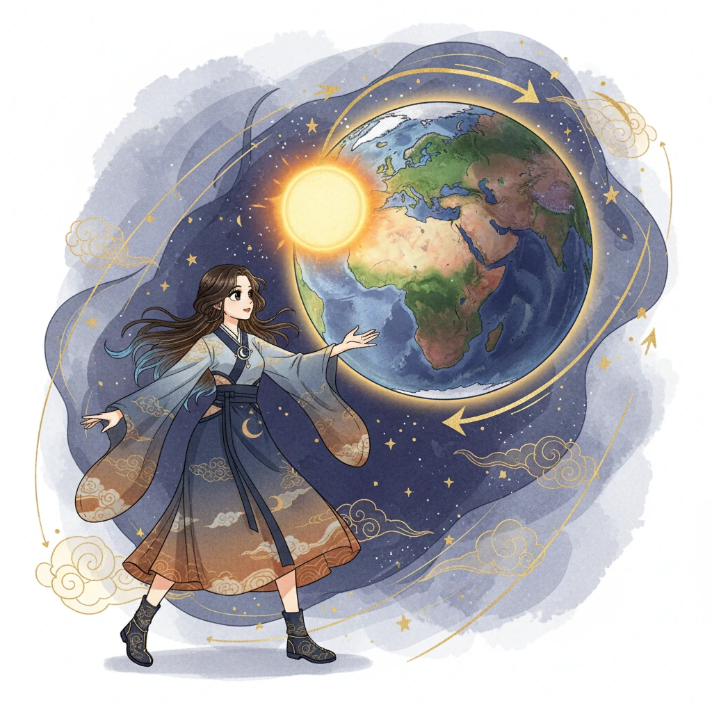 The lesson unfolds with a vivid visualization of the Earth spinning on its axis from West to East. This constant, 24-hour rotation is beautifully depicted, showing how different parts of the planet turn towards and away from the Sun, creating the cycle of day and night. Bold lines and traditional colors emphasize the cosmic dance.