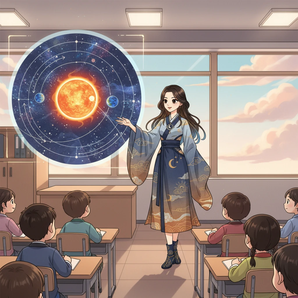 Later that afternoon, the class learns about the Earth's grand journey, its nearly-circular revolution around the Sun. The teacher points to a diagram, illustrating this year-long orbit. The artwork uses elegant lines and a mix of traditional and bright colors to represent the vastness of space.