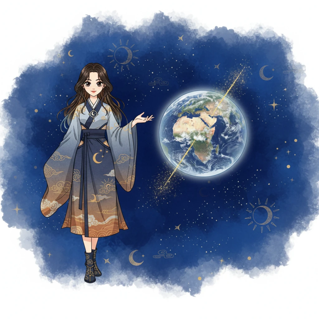 The teacher then reveals a crucial secret: the Earth's axis is not perfectly upright but slightly tilted. This tilt, she explains, is the key to our planet's changing seasons. The illustration features a gracefully rendered Earth with its tilted axis, set against an ink wash cosmic backdrop.