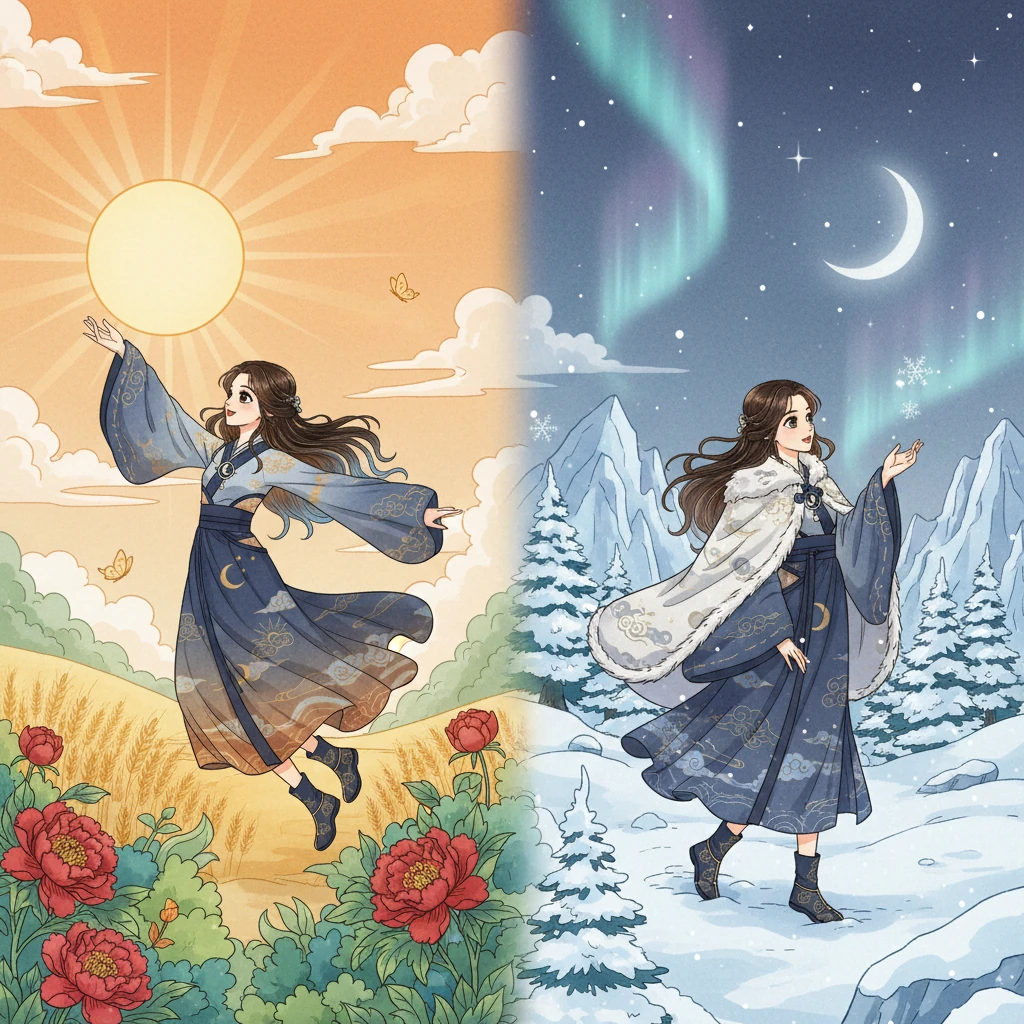 A split illustration vividly contrasts the seasons: one side shows the Northern Hemisphere tilted towards the Sun, bathed in summer's warmth, while the other depicts the Southern Hemisphere experiencing winter's chill. The coloring reflects the seasonal differences, using both warm and cool traditional hues.