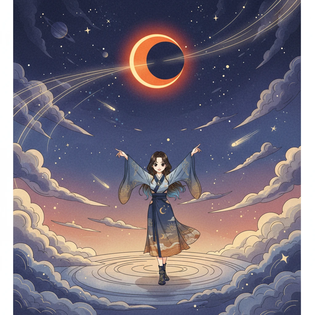 As the day draws to a close, the teacher introduces the most spectacular celestial 'hide-and-seek' games: eclipses. Her gesture is dramatic, drawing attention to the cosmic ballet. The background hints at distant stars and celestial bodies, with smooth, powerful lines creating a sense of wonder.