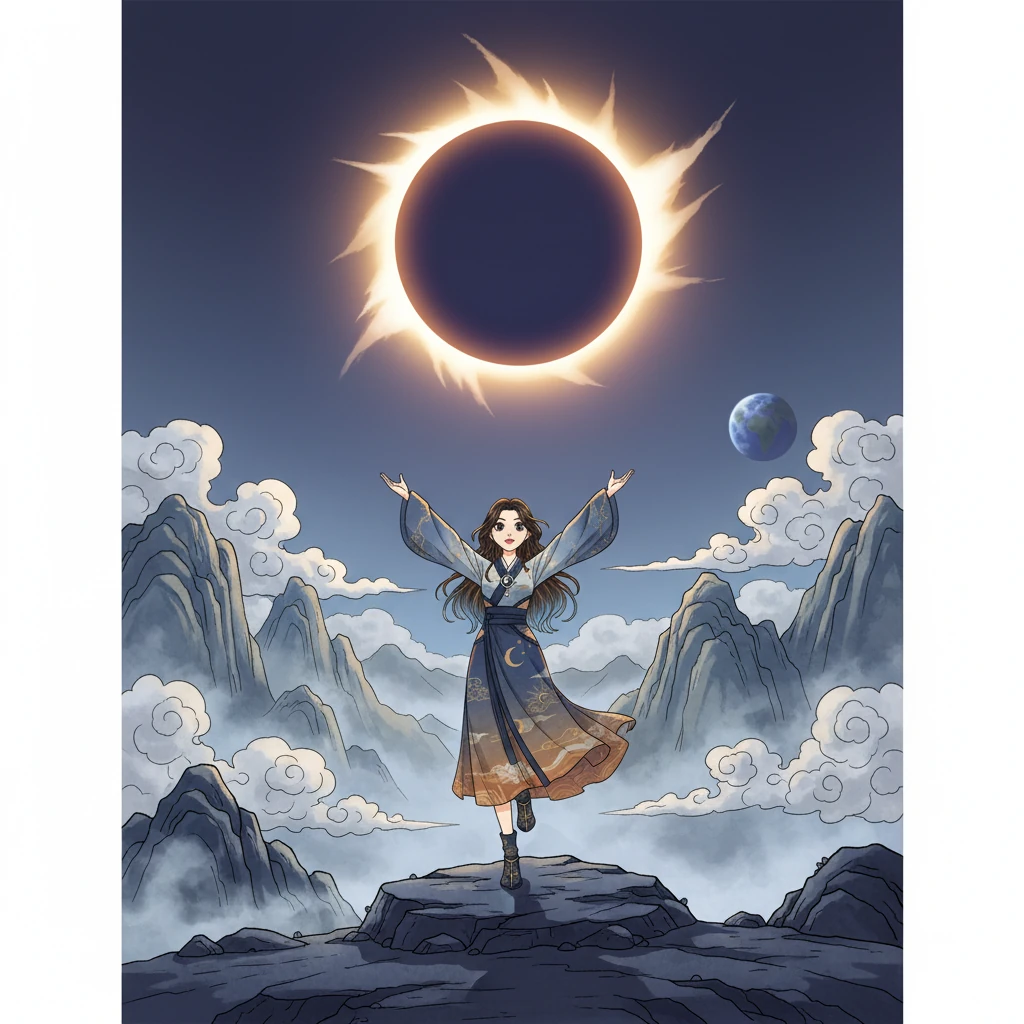 A solar eclipse is illustrated with breathtaking clarity, showing the smaller Moon perfectly positioned between the massive Sun and Earth, momentarily obscuring the Sun's radiant light. The artwork uses bold lines and a dramatic contrast of light and shadow, highlighting the Moon's unexpected power.