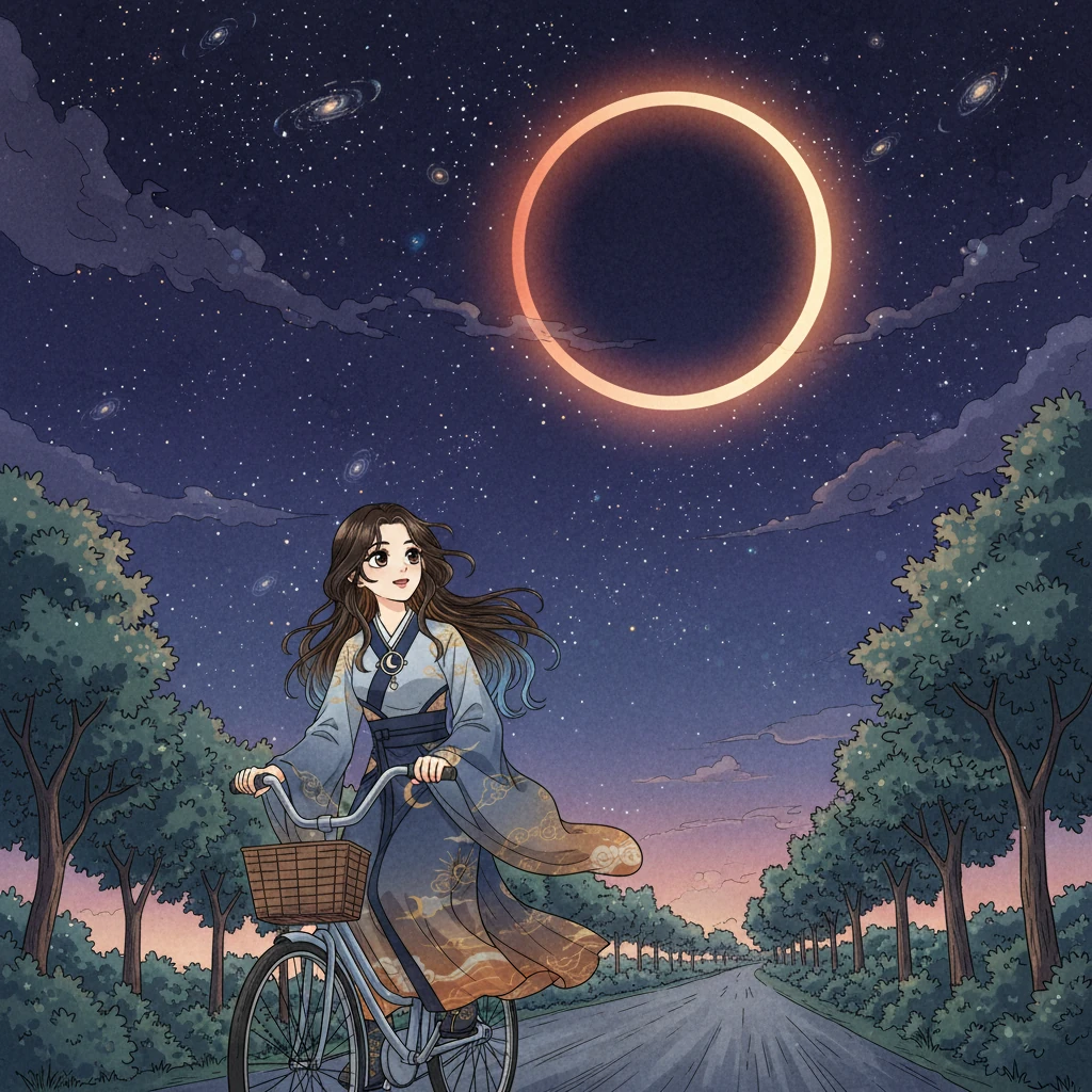 Finally, a lunar eclipse is depicted, with the Earth casting its shadow upon the Moon's surface. Rashmika cycles home that evening, no longer puzzled, her gaze fixed on the stars, understanding the silent, perfectly timed dance of the Earth, Moon, and Sun. The scene combines the celestial event with Rashmika's enlightened journey, using fresh lines and bright, reflective colors.