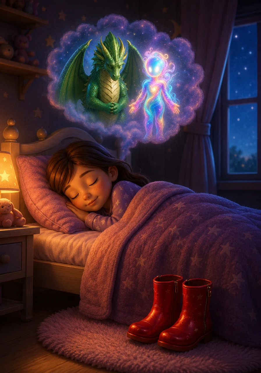 As night falls, Maya curls up under her blankets, her red boots tucked neatly by her bed. She drifts into a deep sleep, her mind ready for a brand new adventure beyond the stars.