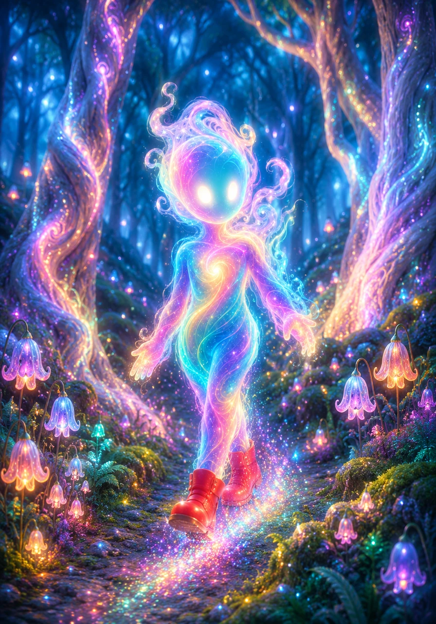 Suddenly, Maya finds herself standing in a forest more magical than any storybook, where the trees glow with soft neon colors and flowers chime like bells. The air is filled with shimmering dust that dances around her red boots as she explores this new world.