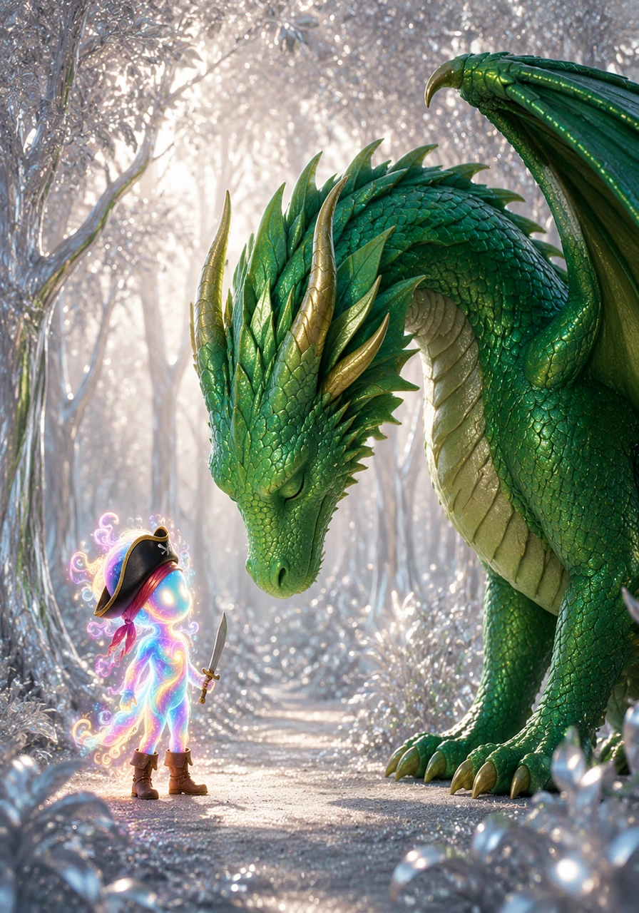Out of a grove of silver trees emerges a magnificent dragon with scales that sparkle like emeralds. Instead of breathing fire, the dragon bows his head kindly, recognizing the brave spirit of the little fairy pirate.