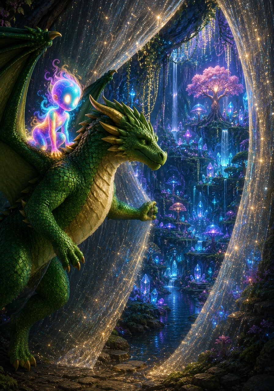 With Maya perched safely near his wing, the dragon leads her through a curtain of sparkling mist to a hidden sanctuary. This is the place where the world's most mysterious wonders reside, tucked away from ordinary eyes.