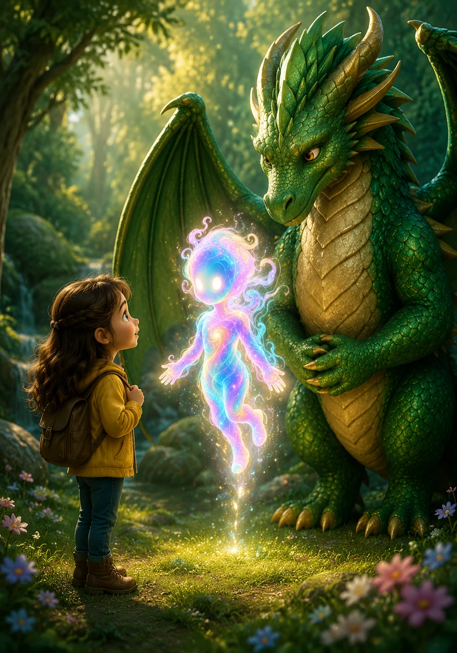 In the center of the glade, Maya meets Alish, a creature made of soft light and swirling colors who seems to float above the grass. Alish comes from a mystical place hidden from the world, appearing only to those who are truly brave and kind.