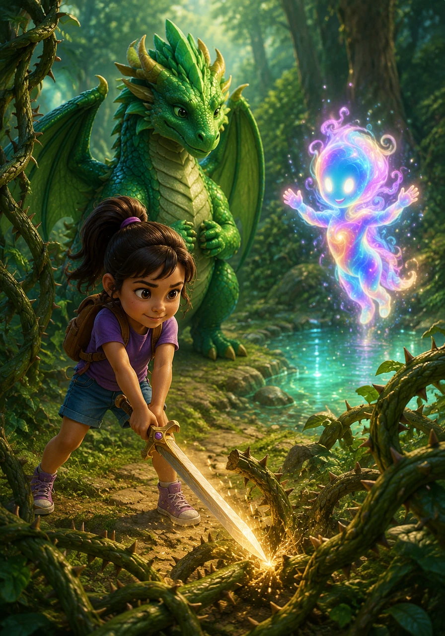 Maya draws her toy sword, not to fight, but to clear a path of thorny vines so Alish can reach a glowing pond. The mystical creature chirps in delight, realizing that this little girl is a true friend to all living things.