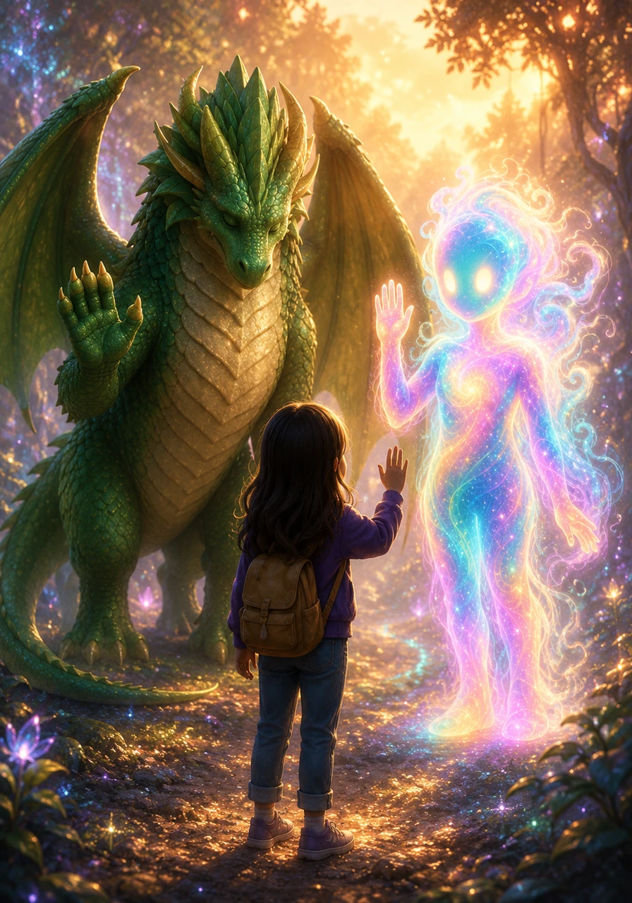 As the dream forest begins to shimmer and fade into the morning light, the dragon and Alish give Maya a final, warm salute. They promise that the magic forest will always be there for a protector as brave as she is.