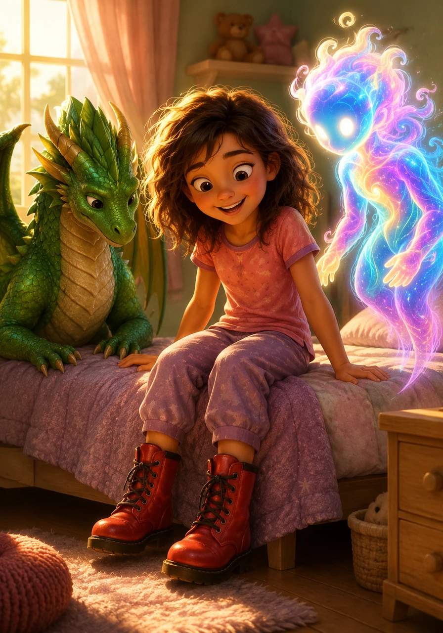 Maya wakes up with a big smile, the morning sun warming her room and highlighting her messy brown hair. She looks down at her red boots and knows that while it was a dream, her courage and the friends she made are very real.