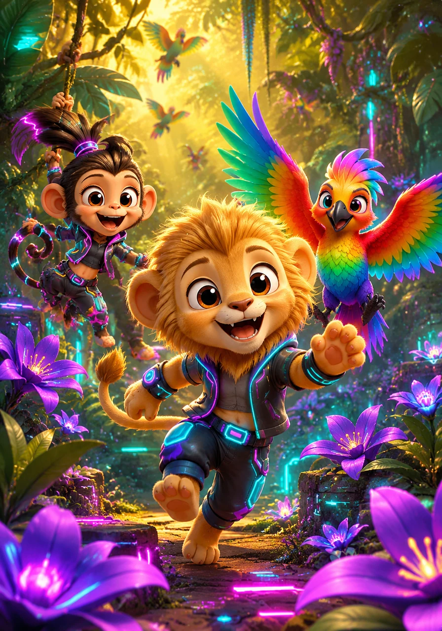 In the heart of the Golden Jungle, Léo the little lion with a soft golden mane plays among vibrant purple flowers and emerald leaves. Every corner of this magical world is filled with bright colors and the happy songs of tropical birds.