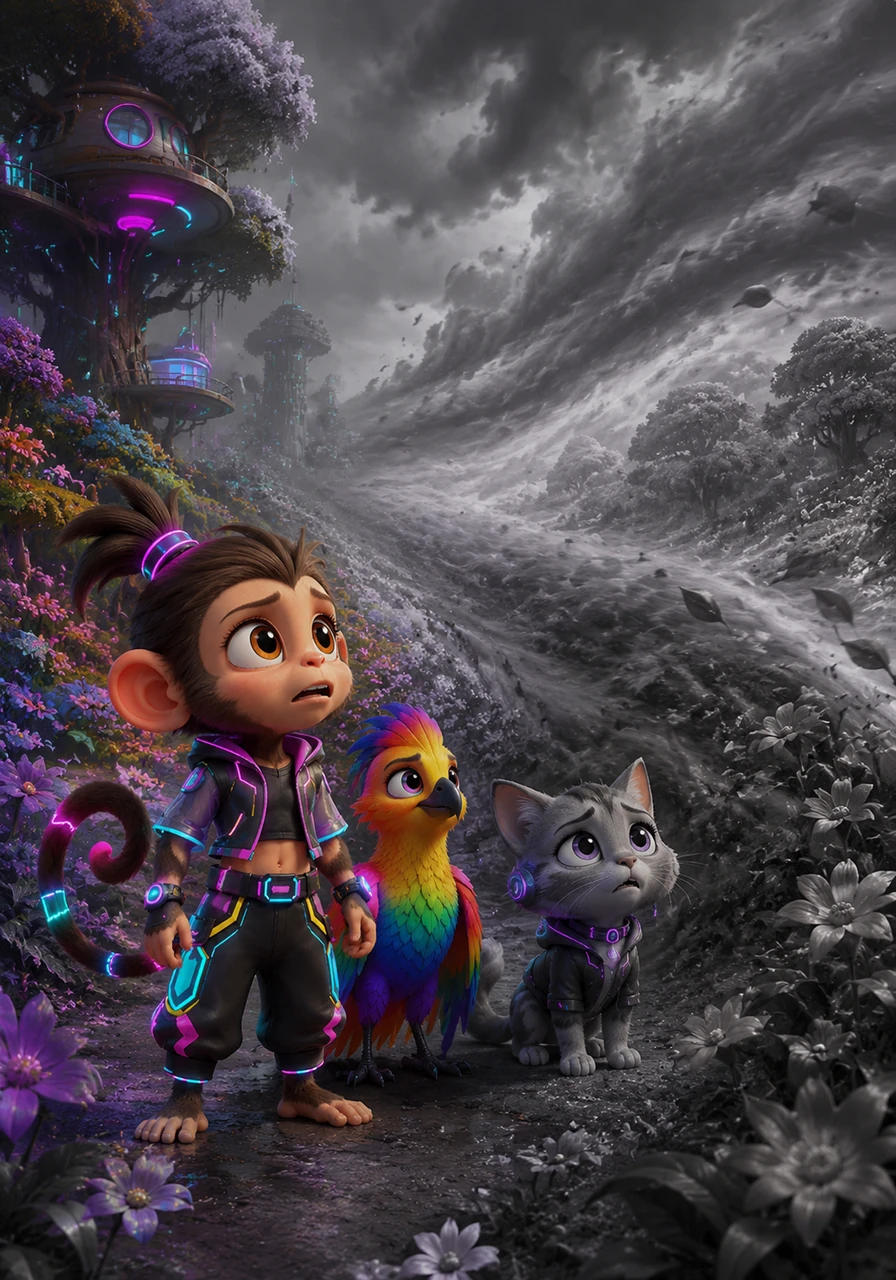Suddenly, a mysterious grey mist sweeps across the land, draining the brilliant hues from the trees and flowers. The animals watch in sadness as their beautiful home turns into a dull, colorless world of shadows.