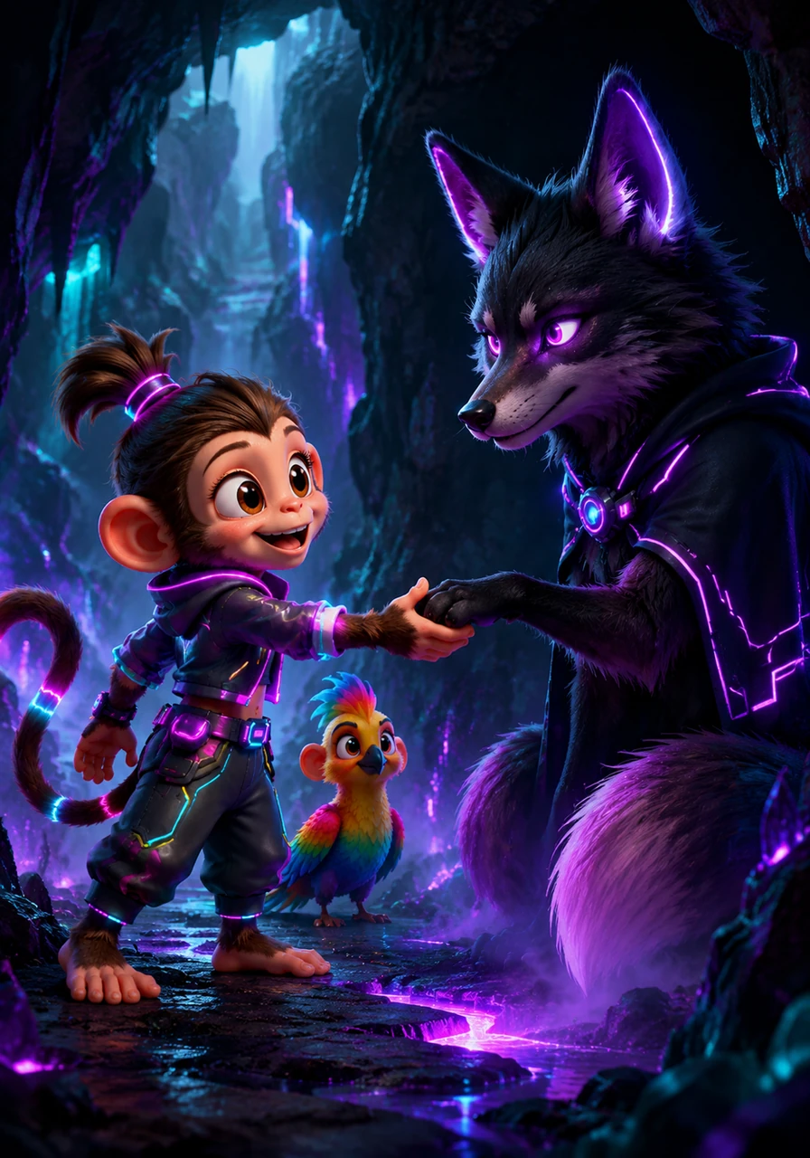 Inside a misty cavern, a mysterious fox named Shadow emerges from the darkness with glowing eyes. Though he looks scary at first, Léo offers a kind paw, and Shadow reveals he is just a lonely guide who knows the secret paths.