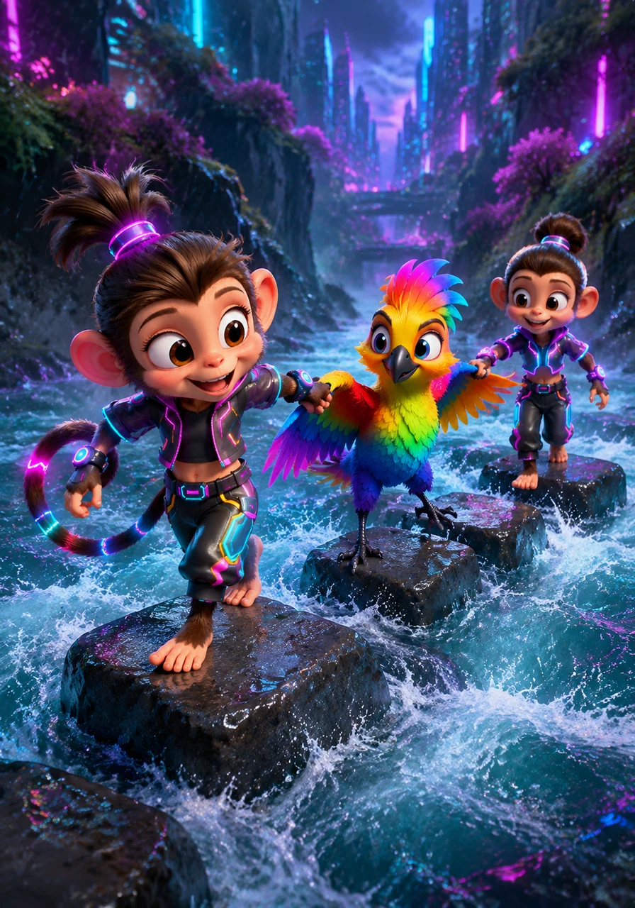 The team reaches a rushing river where the stepping stones are slippery and grey. By holding hands and paws, they form a strong chain, helping each other cross the dangerous water safely.