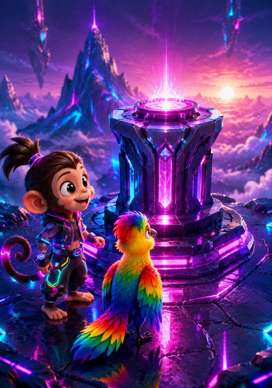 At the very peak of the Mountain of Light, the friends stand before a magnificent glowing pedestal. A faint, pulsing light flickers at the top, waiting for a heart full of courage to wake it up.