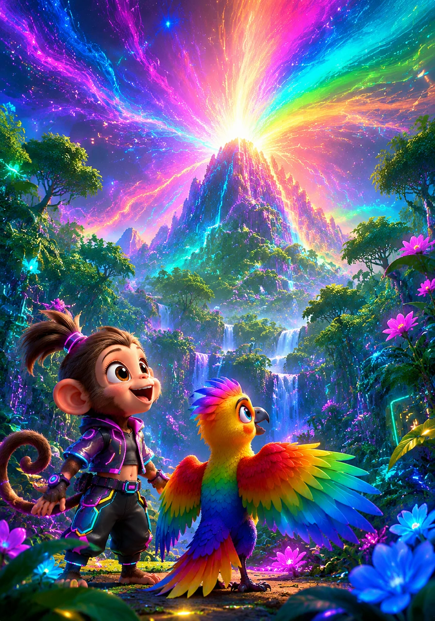 A massive wave of shimmering color explodes from the mountain, washing over the entire jungle like a beautiful rainbow. The trees turn green, the flowers bloom in pink and blue, and the grey mist vanishes forever.