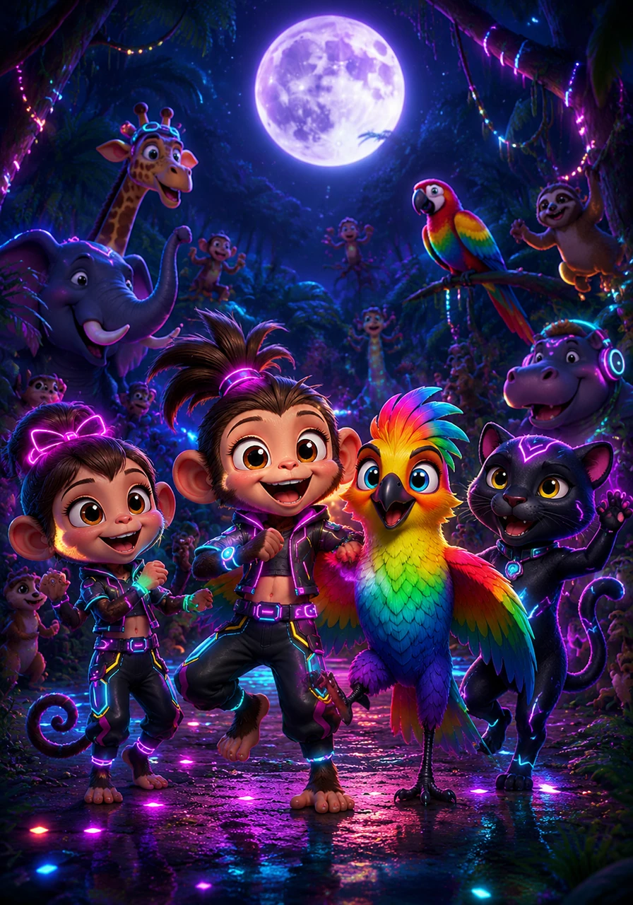 Back in the jungle, all the animals gather for a magnificent celebration under the glowing moon. Léo, Mimi, Kiko, and Shadow dance together, knowing that their friendship is the most magical treasure of all.