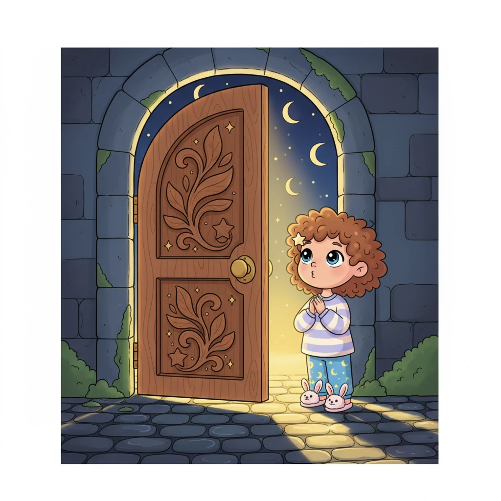 The heavy wooden door, intricately carved with smooth, swirling patterns of leaves and stars, opens silently as if by a gentle breath of unseen magic. Warm, soft light spills out from within, painting a comforting, golden path on the wet cobblestones before you. You take a slow, deep breath, feeling the profound stillness of the night and the inviting warmth within.