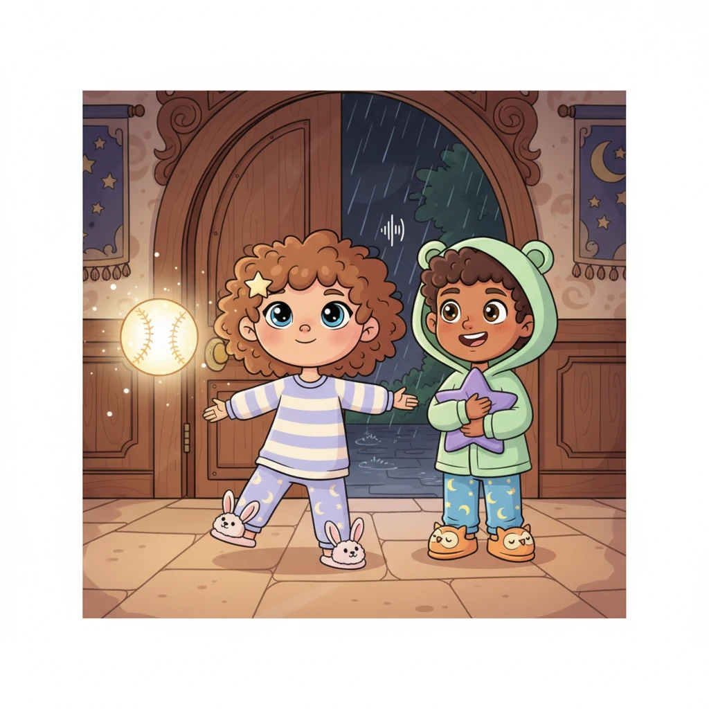 Inside, the air is wonderfully warm and dry, a welcome change from the cool, damp night that whispers outside. A kindly, softly glowing orb floats patiently nearby, its light a gentle guide deeper into the quiet entrance hall. The persistent sounds of the rain outside become a distant, soothing whisper, a natural lullaby.