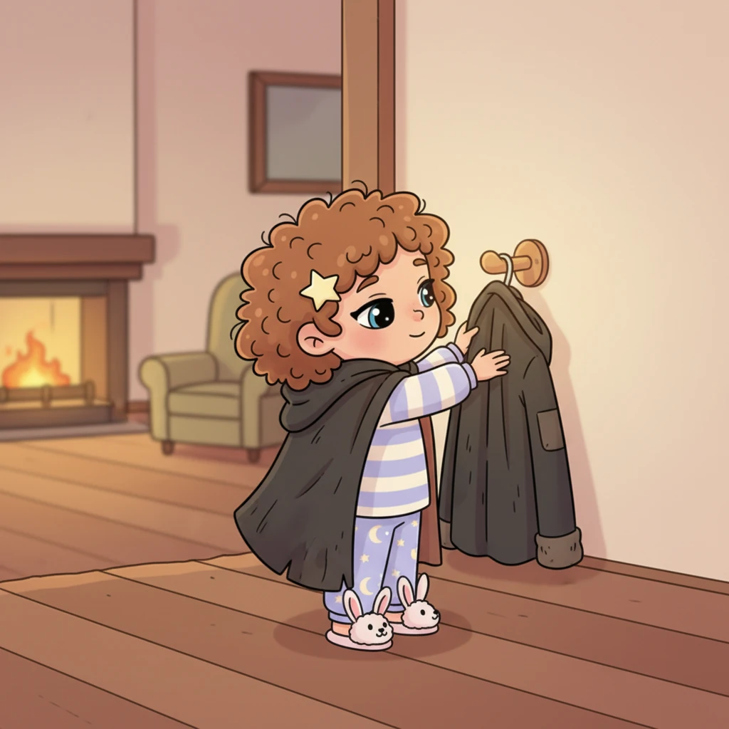 You gently remove your traveling cloak, feeling its dampness lift away, and carefully hang it on a smooth, enchanted peg that glows with a faint, friendly, almost sleepy light. It feels profoundly good to shed the outside world and embrace this peaceful, secure haven. A deep sense of calm washes over you, settling into your very being.