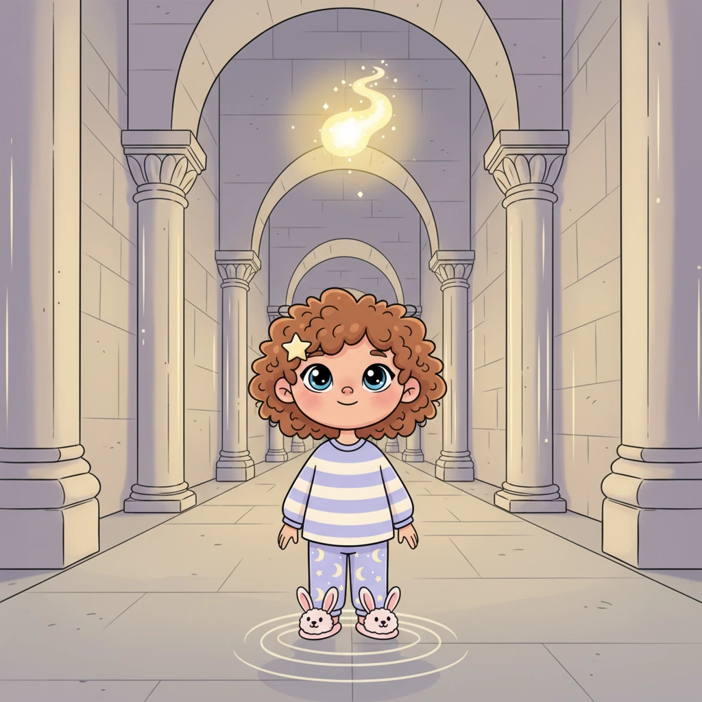 A soft, luminous wisp of light appears again, hovering patiently, its gentle shimmer inviting you to follow its silent path. Its movement is slow and deliberate, a graceful, silent guide through the tranquil, echoing halls. You begin to walk, your footsteps barely a whisper on the smooth, cool stone floor, moving without effort.