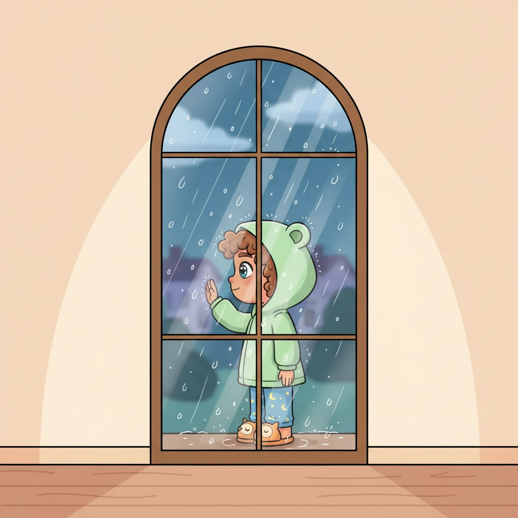You pass by tall, elegant arched windows, where the soft rain gently streaks down the glass, creating shimmering, moving patterns of light and shadow. Each tiny drop tells a quiet, momentary story of the night, washing the world clean. The world outside feels far away, peaceful and undisturbed, held by the rain.