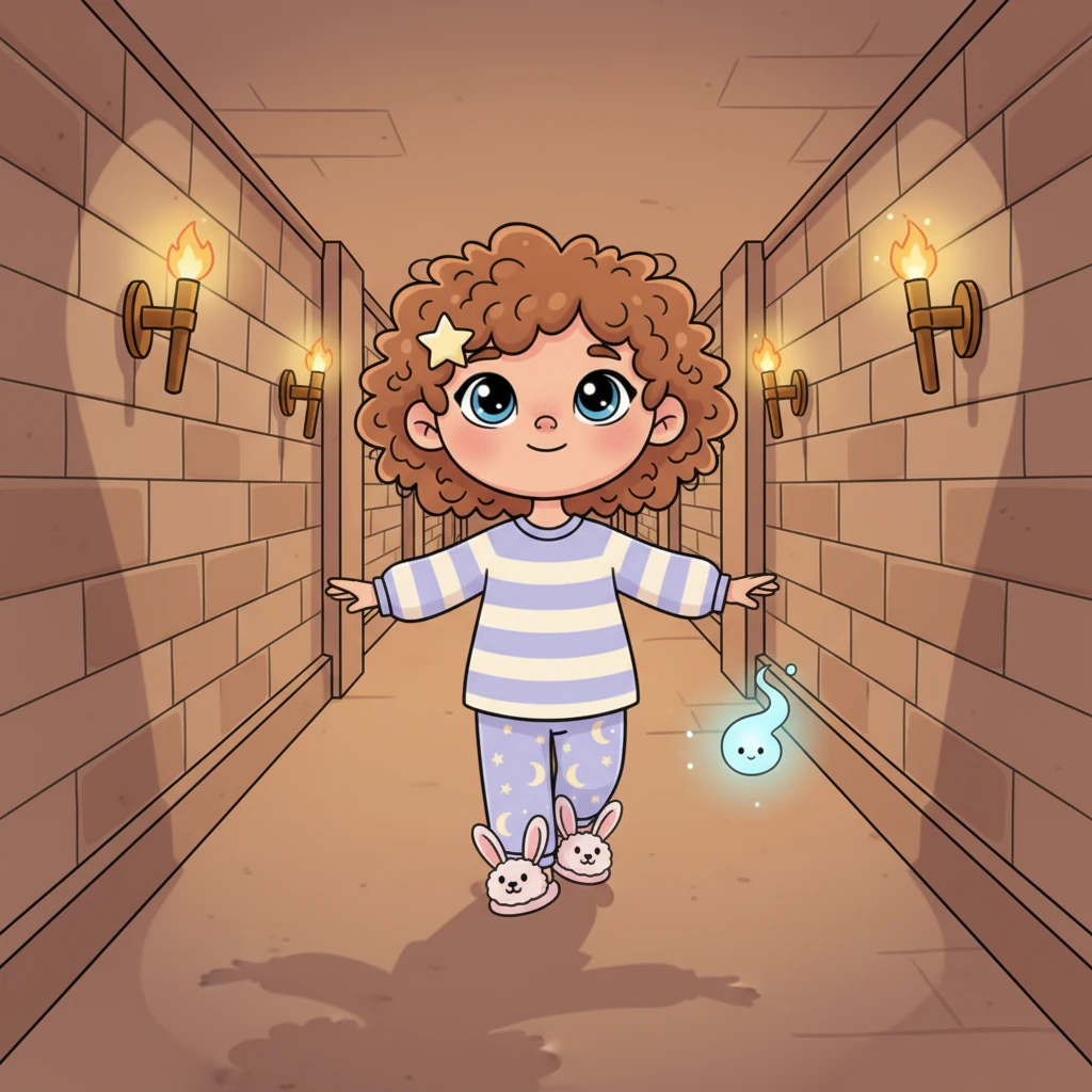 The wisp leads you down a short, quiet corridor, beautifully lined with soft, warm torchlight emanating from enchanted wall sconces. The light is never too bright, always inviting and gentle, casting long, dancing shadows that feel friendly and familiar. You are nearing your special resting place for the night, a haven of peace.