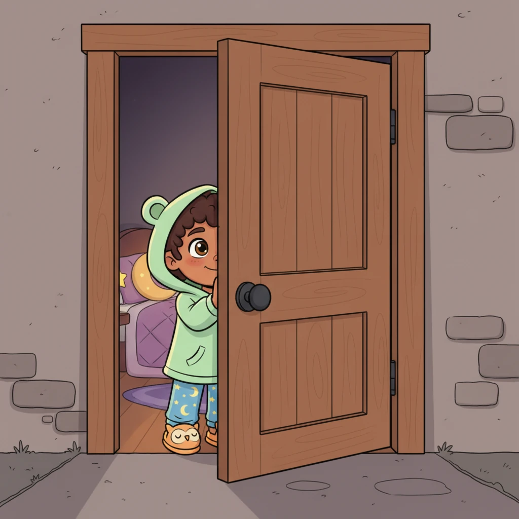 You arrive at a simple, sturdy wooden door, its surface smooth and inviting, which opens inward with a soft, almost inaudible sigh. This is your cozy sleeping chamber, a place of quiet comfort and profound, deep rest. A gentle feeling of belonging fills you, like a warm breath.