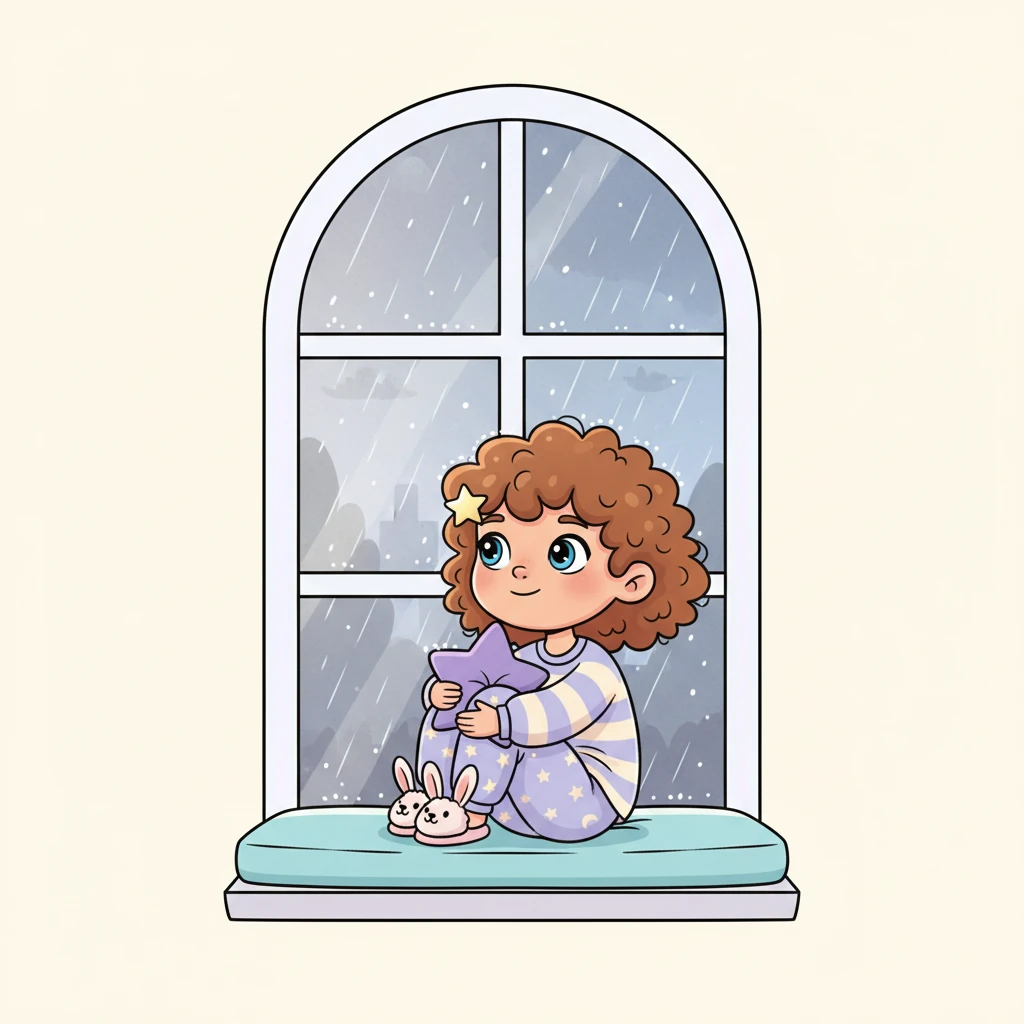 A single, tall arched window graces one wall, offering a serene, softened view of the rain still softly falling outside. The sound is a constant, gentle lullaby, a quiet, rhythmic companion to your calming thoughts. You feel completely at ease, nestled in peace.